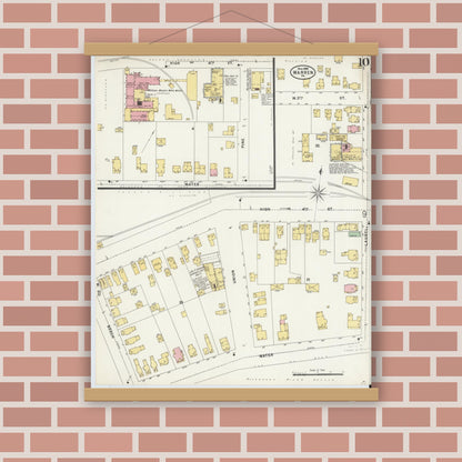 Old map wall art mockup — magnetic wood frame on brick wall — Sanborn Fire Insurance Map from Warren, Warren County, Pennsylvania (1898), Sheet #0010