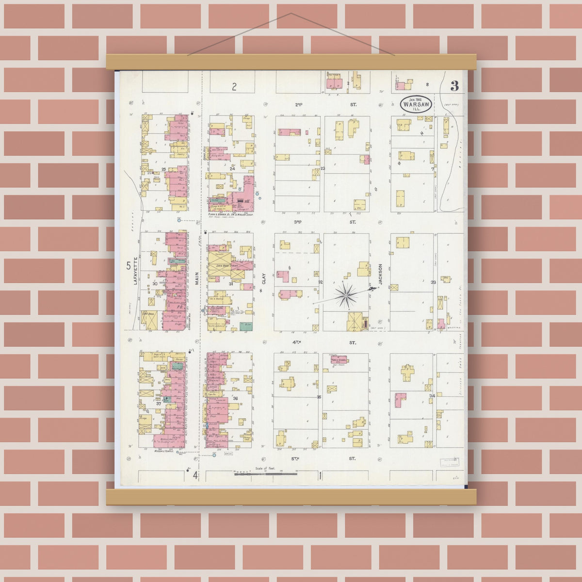 Old map wall art mockup — magnetic wood frame on brick wall — Sanborn Fire Insurance Map from Warsaw, Hancock County, Illinois (1906), Sheet #0003