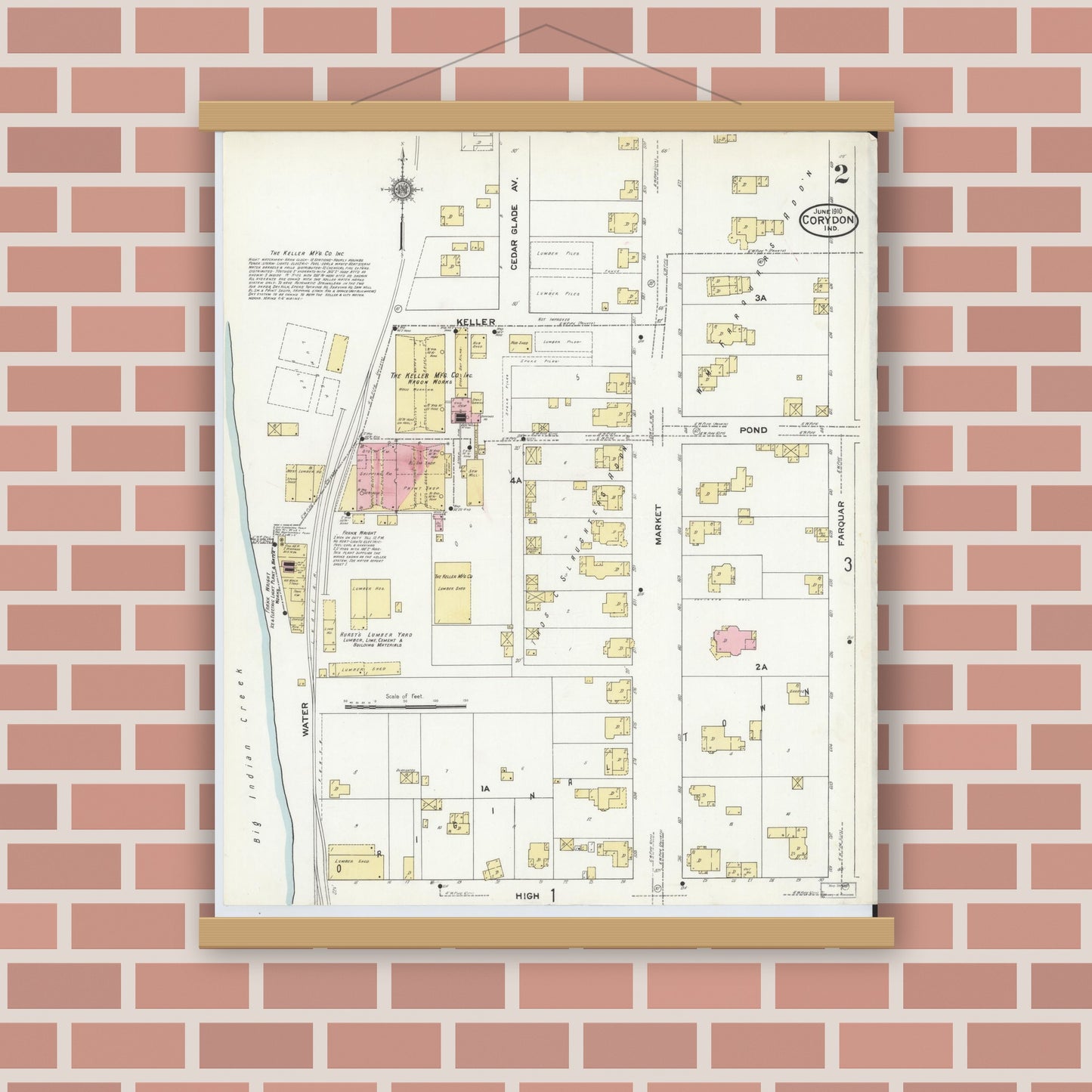 Old map wall art mockup — magnetic wood frame on brick wall — Sanborn Fire Insurance Map from Corydon, Harrison County, Indiana (1910), Sheet #0002