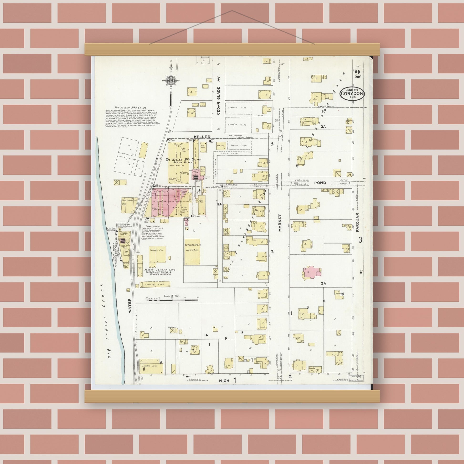 Old map wall art mockup — magnetic wood frame on brick wall — Sanborn Fire Insurance Map from Corydon, Harrison County, Indiana (1910), Sheet #0002