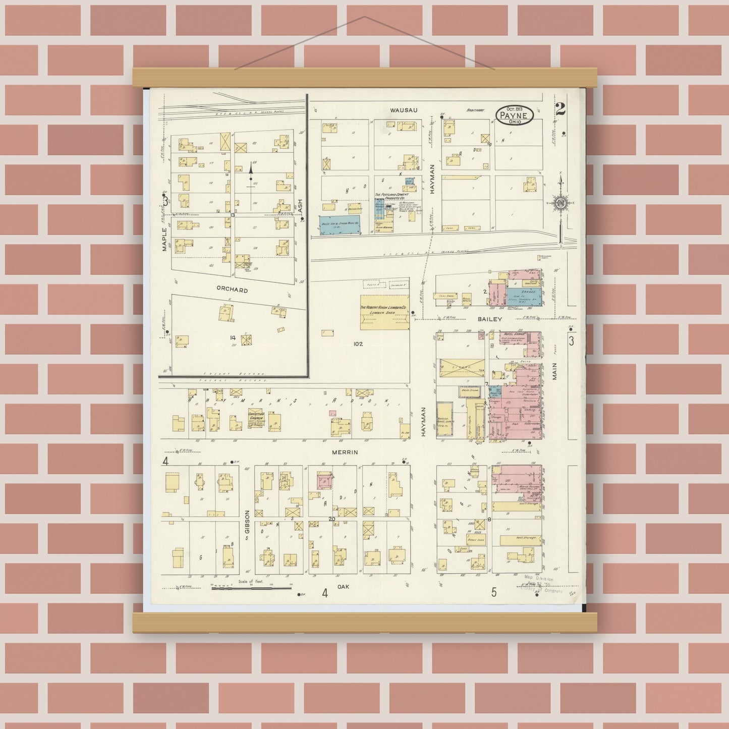 Old map wall art mockup — magnetic wood frame on brick wall — Sanborn Fire Insurance Map from Payne, Paulding County, Ohio (1913), Sheet #0002