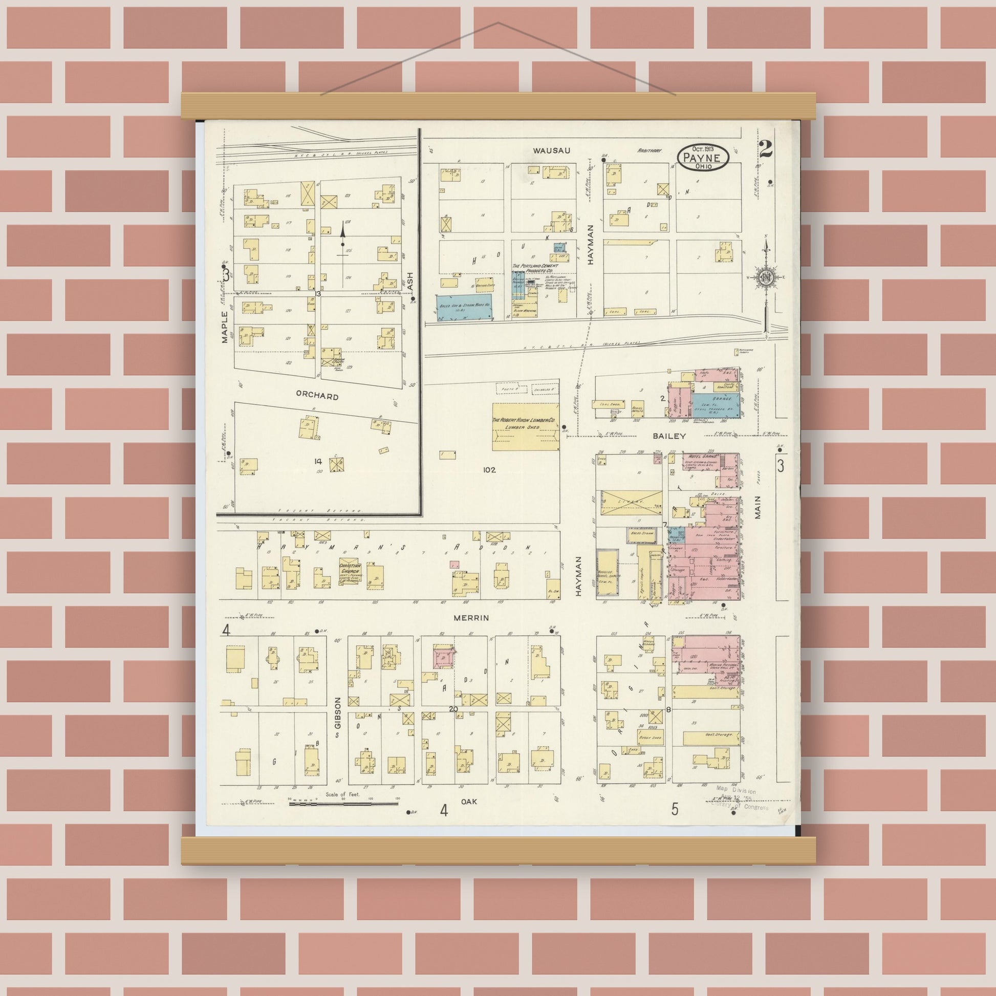 Old map wall art mockup — magnetic wood frame on brick wall — Sanborn Fire Insurance Map from Payne, Paulding County, Ohio (1913), Sheet #0002