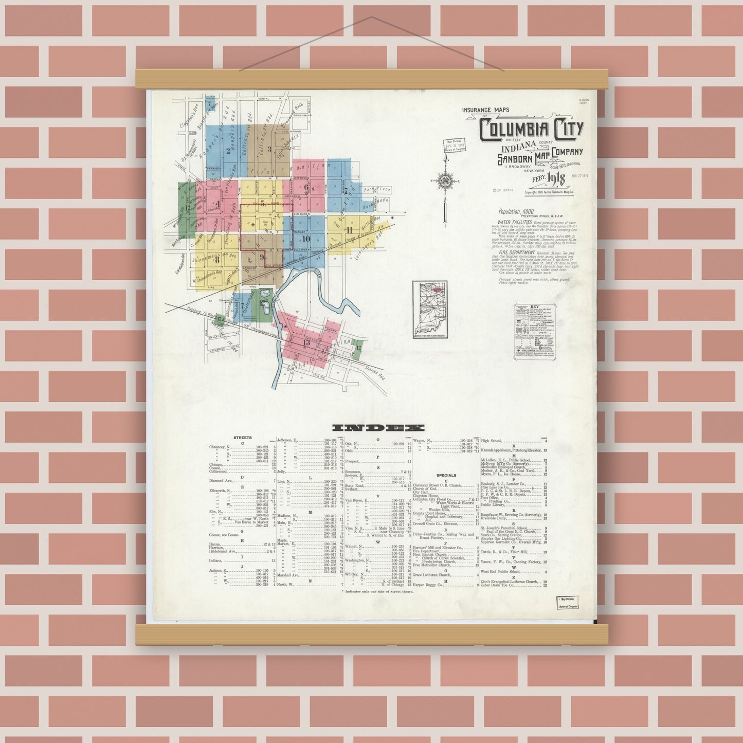 Old map wall art mockup — magnetic wood frame on brick wall — Sanborn Fire Insurance Map from Columbia City, Whitley County, Indiana (1918) - Complete Map Set