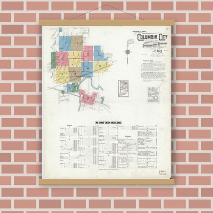 Old map wall art mockup — magnetic wood frame on brick wall — Sanborn Fire Insurance Map from Columbia City, Whitley County, Indiana (1918) - Complete Map Set