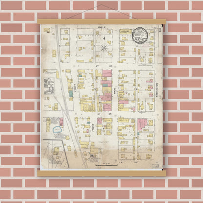 Old map wall art mockup — magnetic wood frame on brick wall — Sanborn Fire Insurance Map from Clay City, Clay County, Indiana (1892) - Complete Map Set