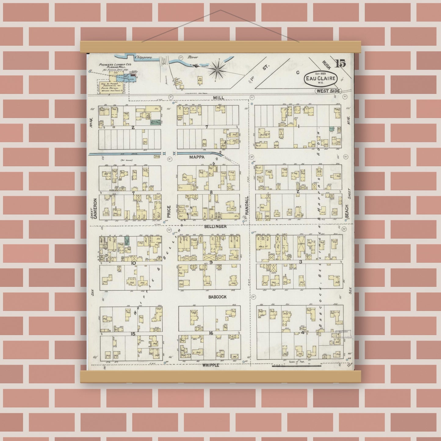 Old map wall art mockup — magnetic wood frame on brick wall — Sanborn Fire Insurance Map from Eau Claire, Eau Claire County, Wisconsin (1889), Sheet #0015