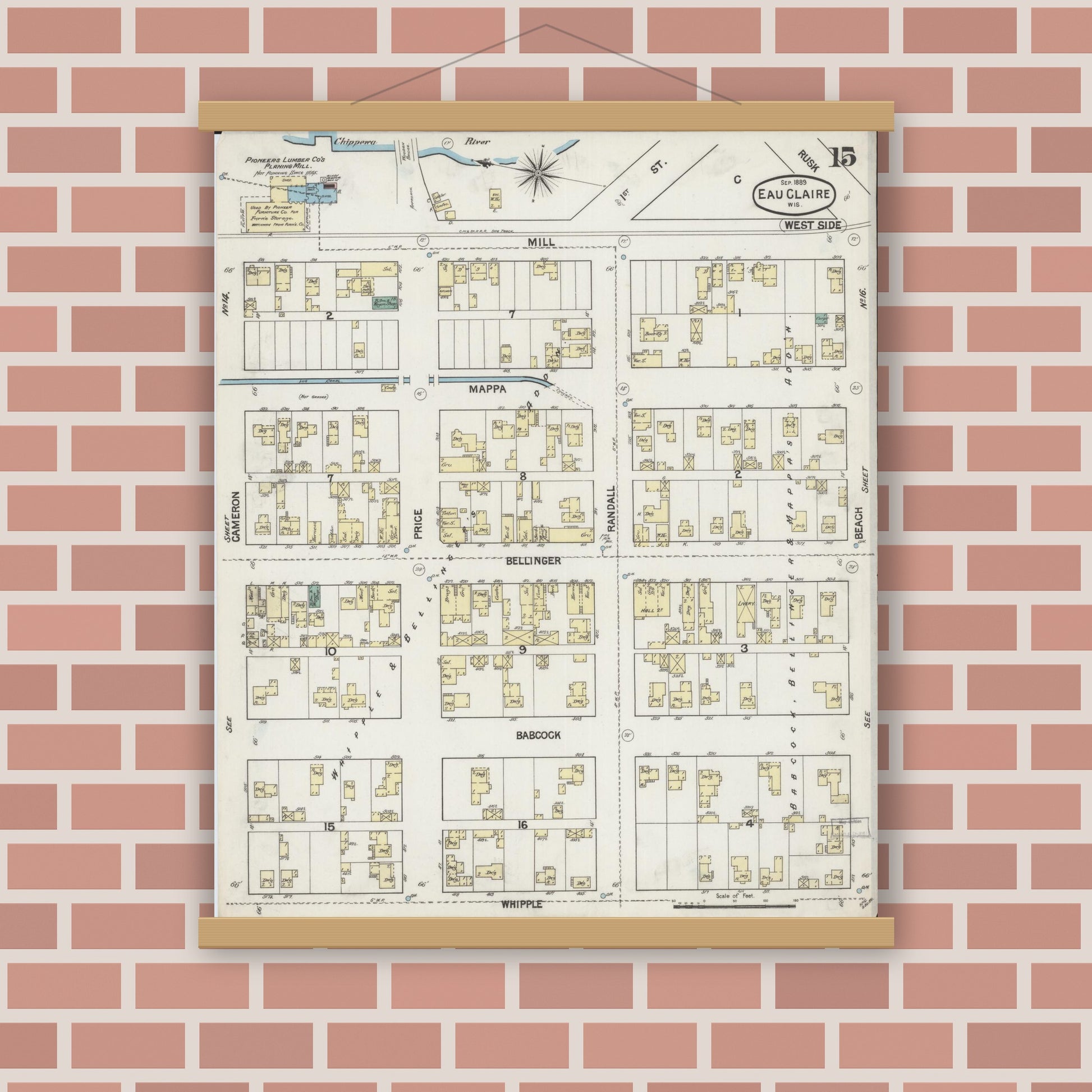 Old map wall art mockup — magnetic wood frame on brick wall — Sanborn Fire Insurance Map from Eau Claire, Eau Claire County, Wisconsin (1889), Sheet #0015