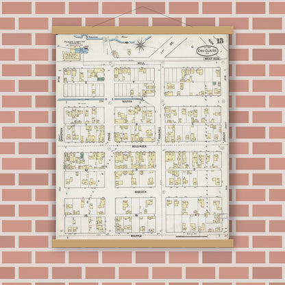 Old map wall art mockup — magnetic wood frame on brick wall — Sanborn Fire Insurance Map from Eau Claire, Eau Claire County, Wisconsin (1889), Sheet #0015