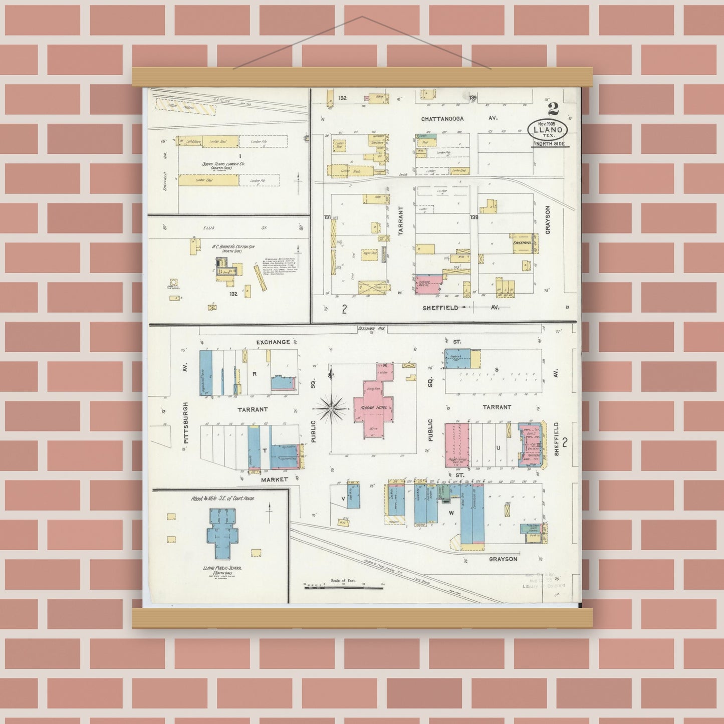 Old map wall art mockup — magnetic wood frame on brick wall — Sanborn Fire Insurance Map from Llano, Llano County, Texas (1905), Sheet #0002