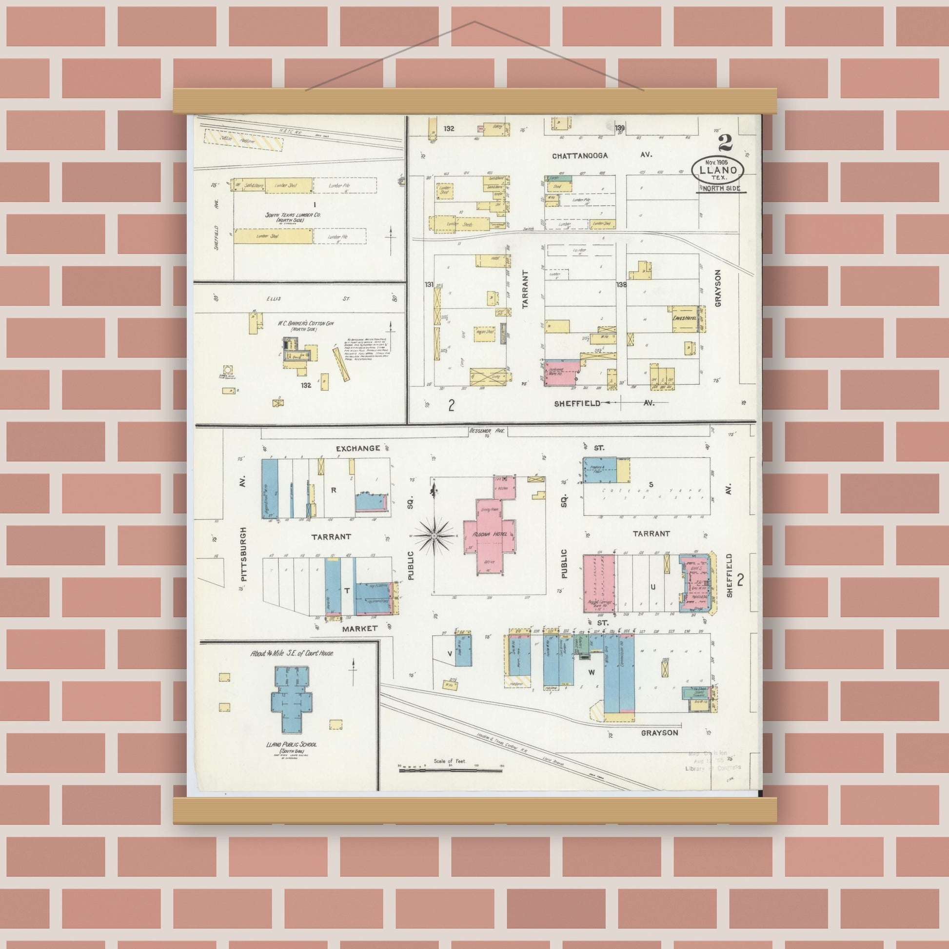 Old map wall art mockup — magnetic wood frame on brick wall — Sanborn Fire Insurance Map from Llano, Llano County, Texas (1905), Sheet #0002