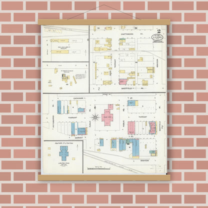 Old map wall art mockup — magnetic wood frame on brick wall — Sanborn Fire Insurance Map from Llano, Llano County, Texas (1905), Sheet #0002