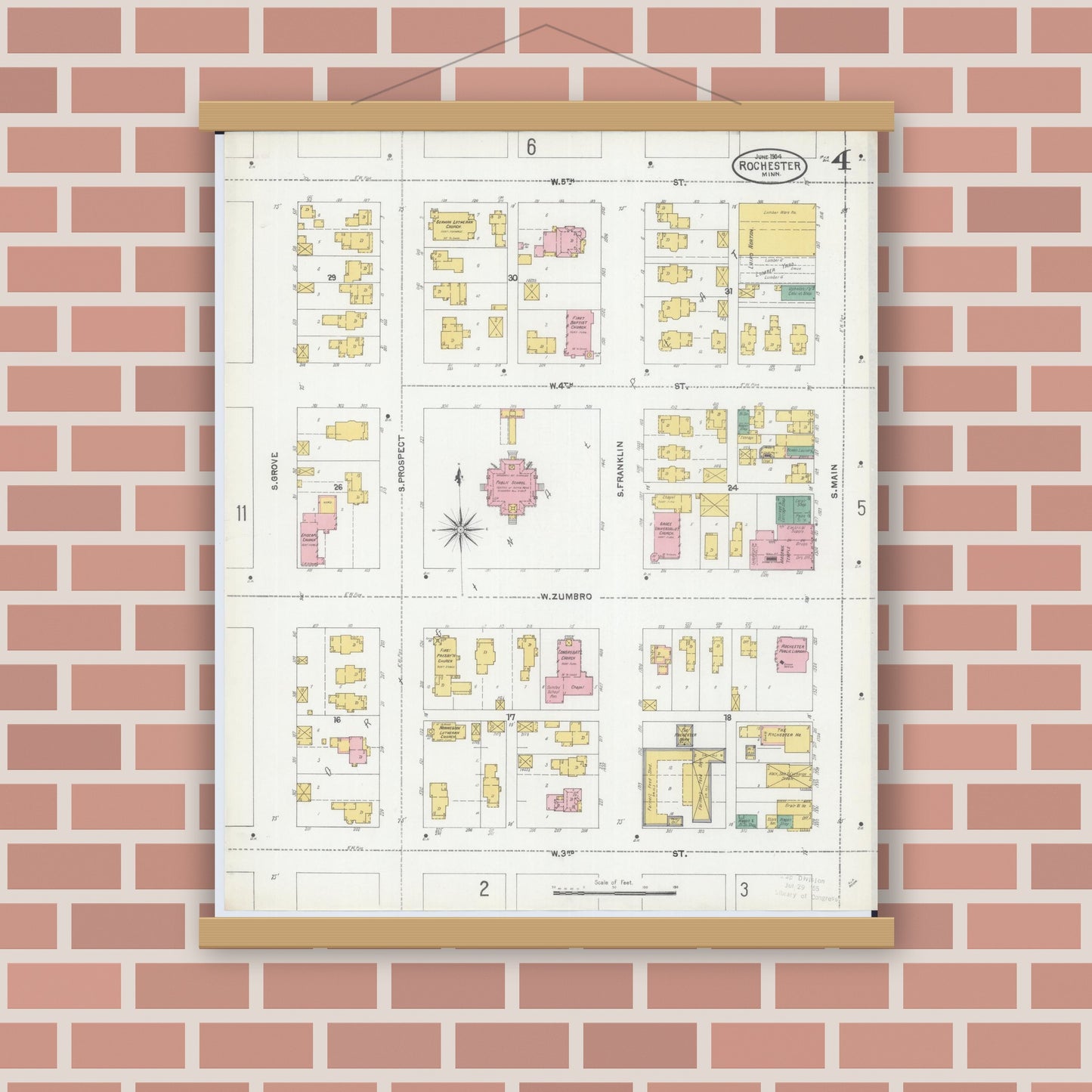 Old map wall art mockup — magnetic wood frame on brick wall — Sanborn Fire Insurance Map from Rochester, Olmsted County, Minnesota (1904), Sheet #0004