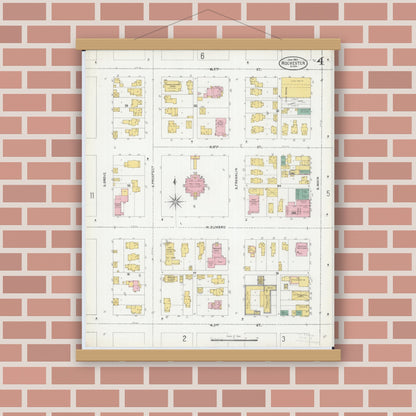 Old map wall art mockup — magnetic wood frame on brick wall — Sanborn Fire Insurance Map from Rochester, Olmsted County, Minnesota (1904), Sheet #0004