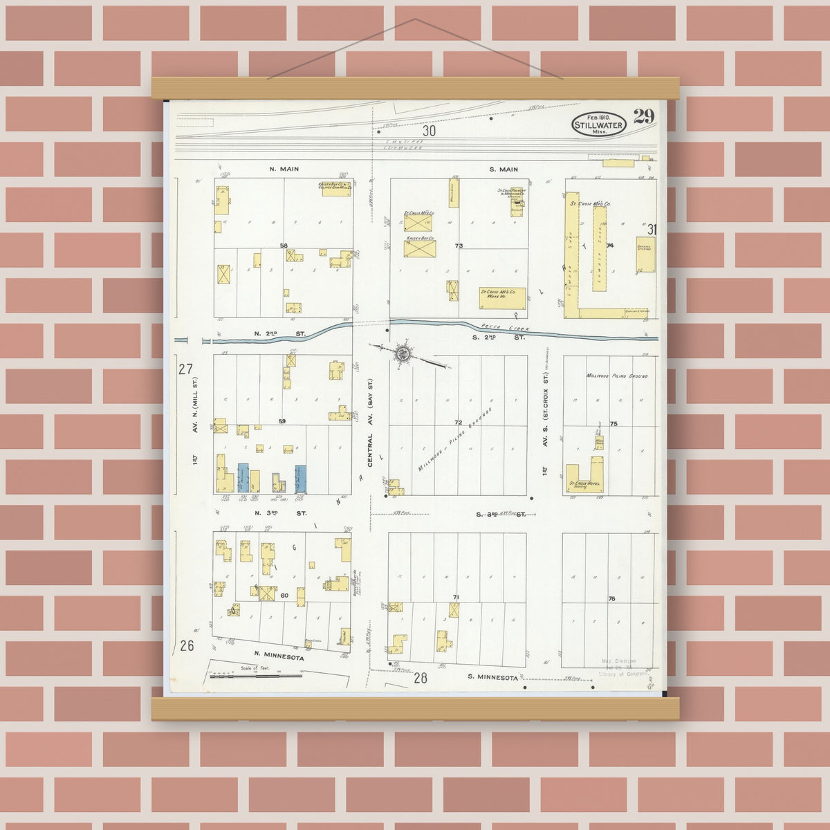 Old map wall art mockup — magnetic wood frame on brick wall — Sanborn Fire Insurance Map from Stillwater, Washington County, Minnesota (1910), Sheet #0029