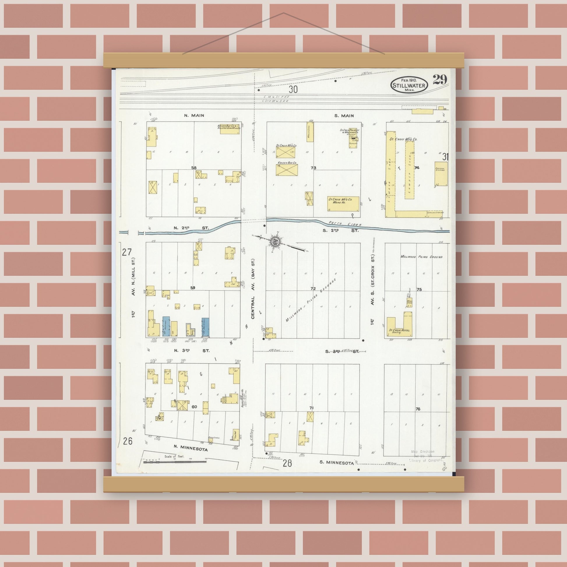 Old map wall art mockup — magnetic wood frame on brick wall — Sanborn Fire Insurance Map from Stillwater, Washington County, Minnesota (1910), Sheet #0029