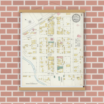 Old map wall art mockup — magnetic wood frame on brick wall — Sanborn Fire Insurance Map from Brookville, Montgomery County, Ohio (1895) - Complete Map Set