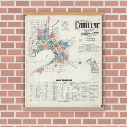Old map wall art mockup — magnetic wood frame on brick wall — Sanborn Fire Insurance Map from Cadillac, Wexford County, Michigan (1914), Sheet #0001