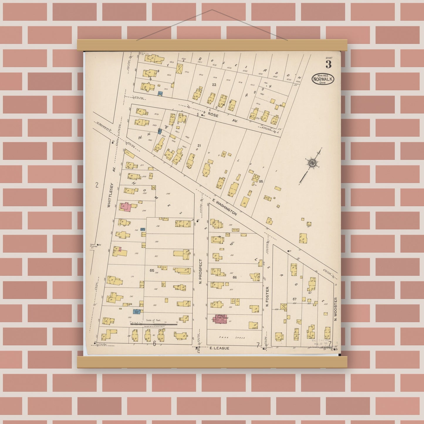 Old map wall art mockup — magnetic wood frame on brick wall — Sanborn Fire Insurance Map from Norwalk, Huron County, Ohio (1922), Sheet #0003