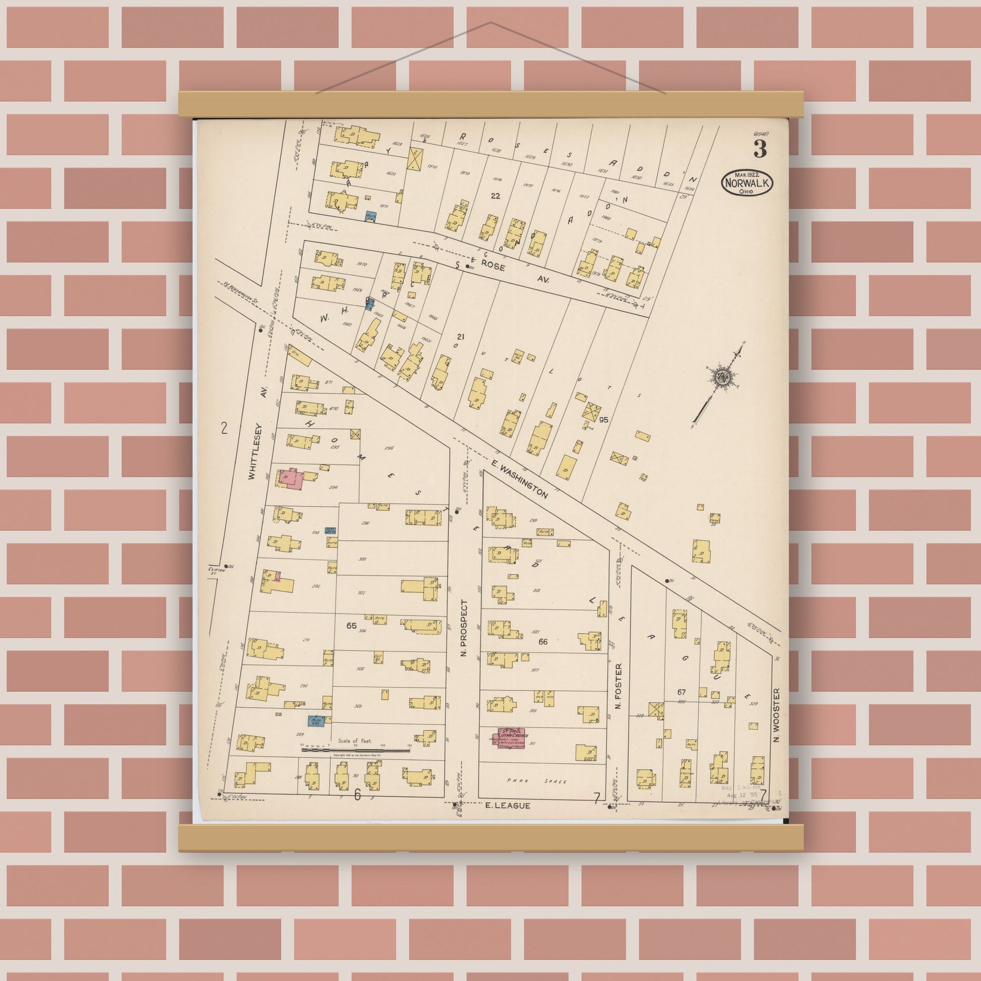 Old map wall art mockup — magnetic wood frame on brick wall — Sanborn Fire Insurance Map from Norwalk, Huron County, Ohio (1922), Sheet #0003