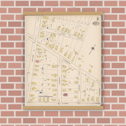 Old map wall art mockup — magnetic wood frame on brick wall — Sanborn Fire Insurance Map from Norwalk, Huron County, Ohio (1922), Sheet #0003