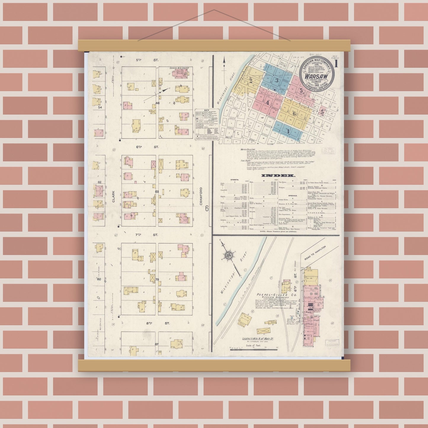 Old map wall art mockup — magnetic wood frame on brick wall — Sanborn Fire Insurance Map from Warsaw, Hancock County, Illinois (1912), Sheet #0001