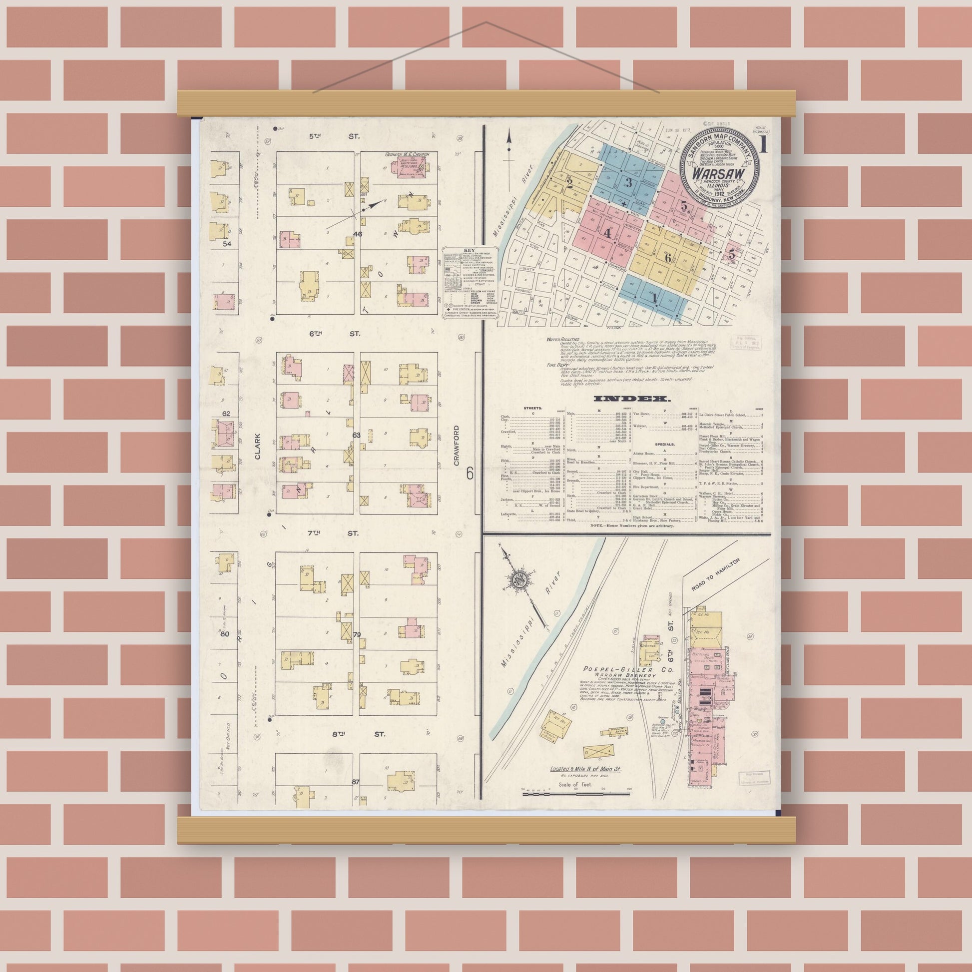Old map wall art mockup — magnetic wood frame on brick wall — Sanborn Fire Insurance Map from Warsaw, Hancock County, Illinois (1912), Sheet #0001