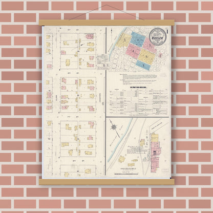 Old map wall art mockup — magnetic wood frame on brick wall — Sanborn Fire Insurance Map from Warsaw, Hancock County, Illinois (1912), Sheet #0001