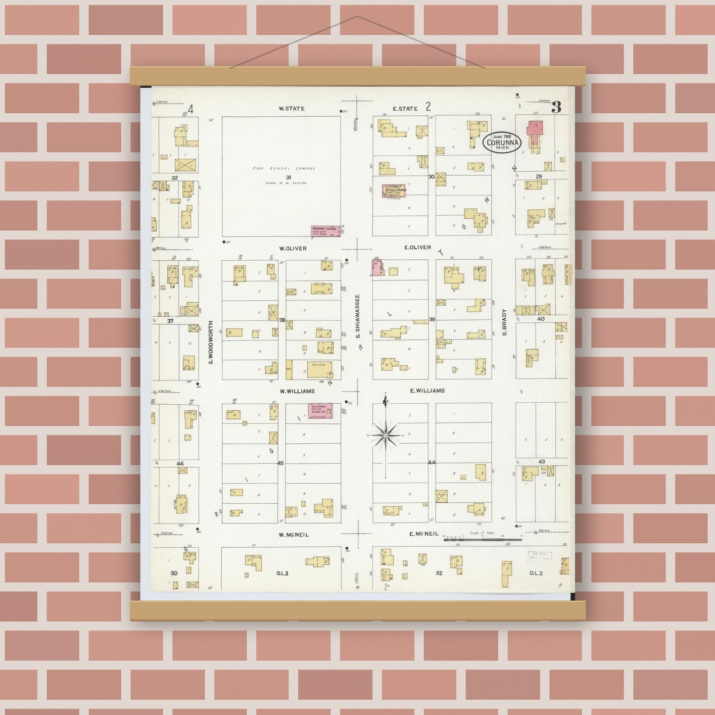 Old map wall art mockup — magnetic wood frame on brick wall — Sanborn Fire Insurance Map from Corunna, Shiawassee County, Michigan (1908), Sheet #0003