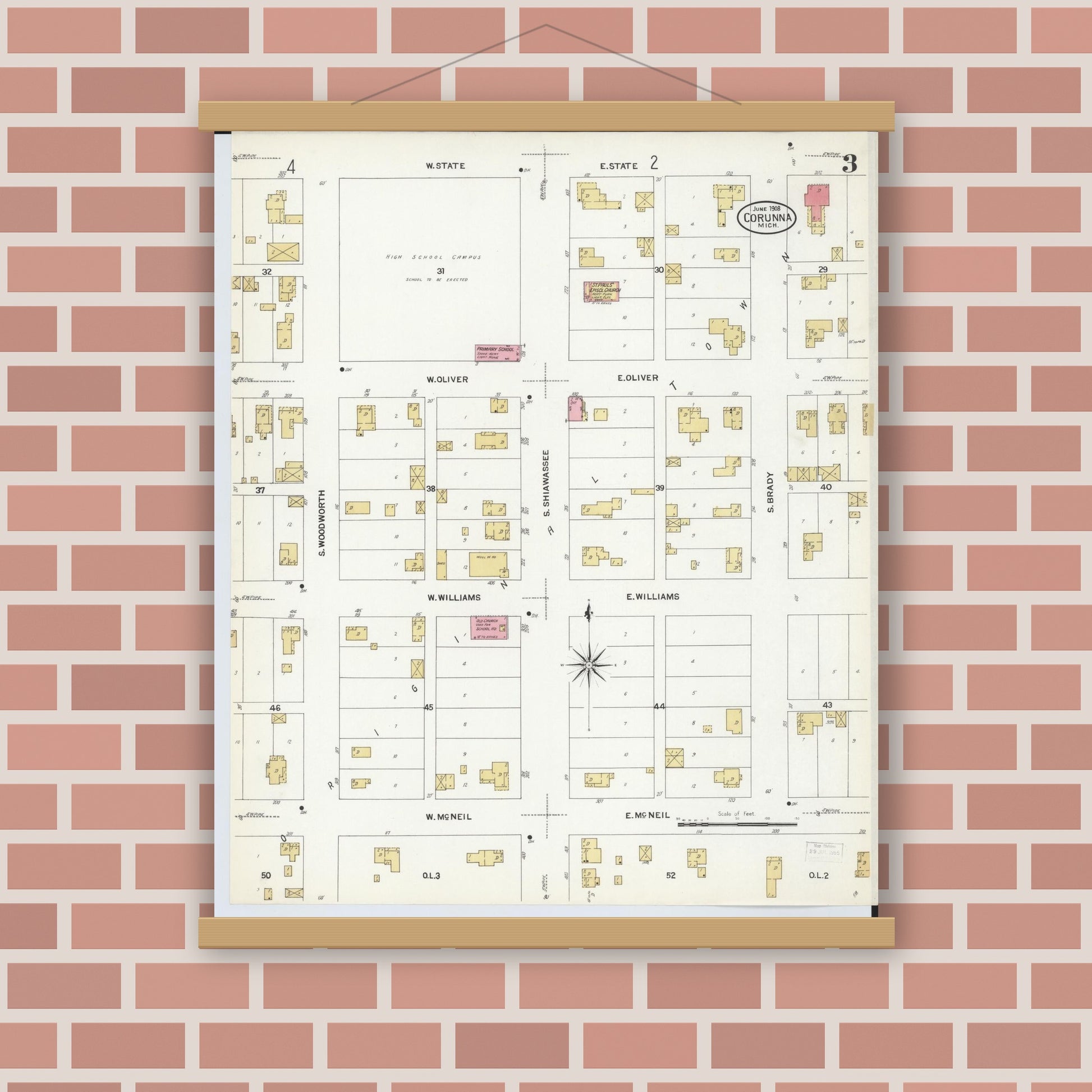 Old map wall art mockup — magnetic wood frame on brick wall — Sanborn Fire Insurance Map from Corunna, Shiawassee County, Michigan (1908), Sheet #0003