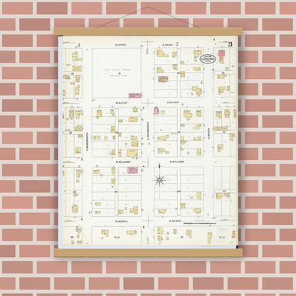 Old map wall art mockup — magnetic wood frame on brick wall — Sanborn Fire Insurance Map from Corunna, Shiawassee County, Michigan (1908), Sheet #0003