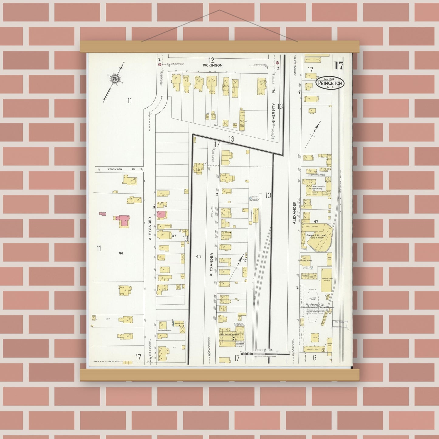 Old map wall art mockup — magnetic wood frame on brick wall — Sanborn Fire Insurance Map from Princeton, Mercer County, New Jersey (1918), Sheet #0017