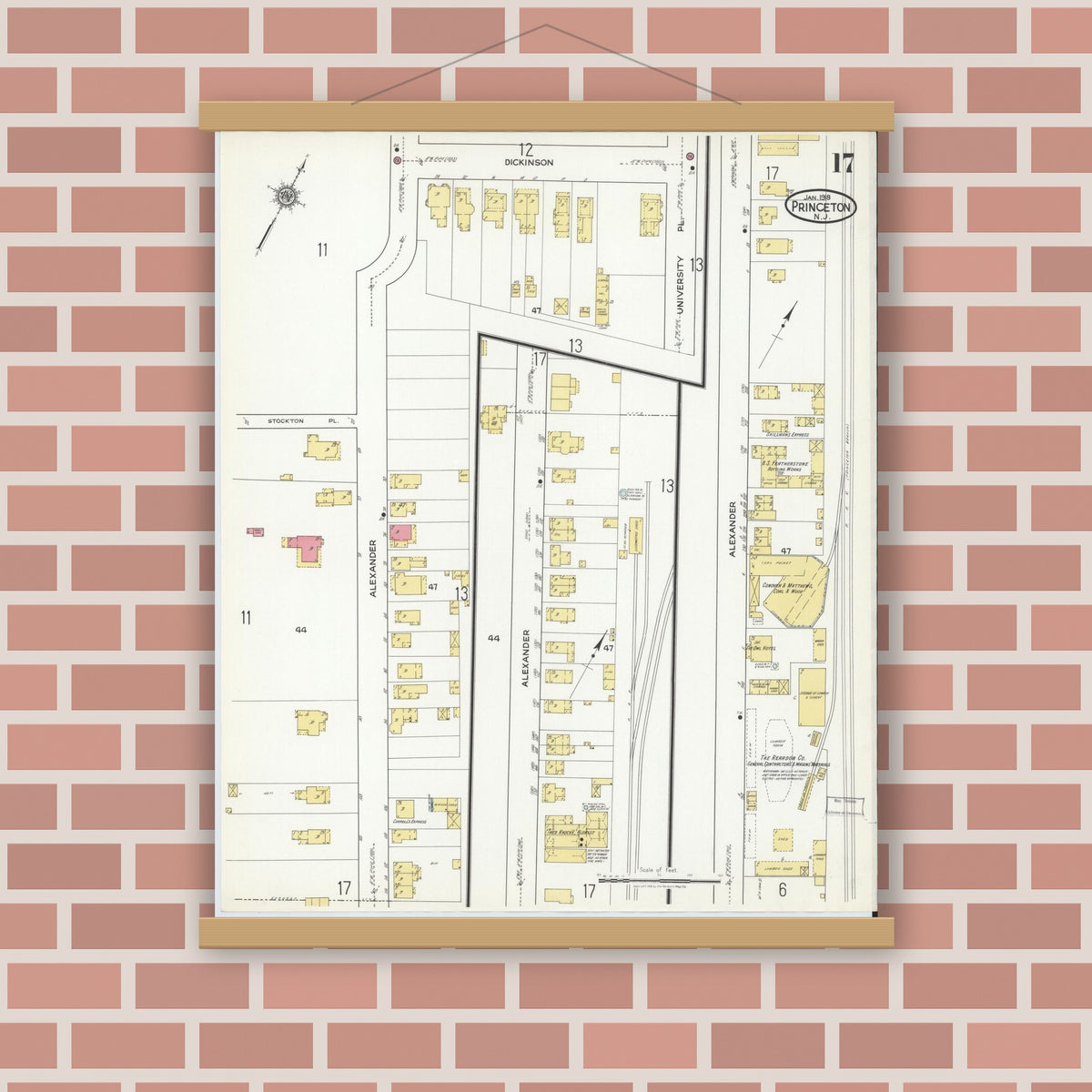 Old map wall art mockup — magnetic wood frame on brick wall — Sanborn Fire Insurance Map from Princeton, Mercer County, New Jersey (1918), Sheet #0017