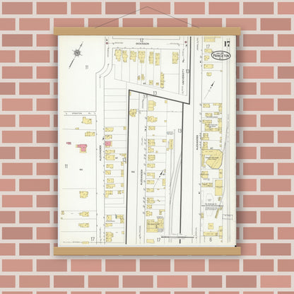 Old map wall art mockup — magnetic wood frame on brick wall — Sanborn Fire Insurance Map from Princeton, Mercer County, New Jersey (1918), Sheet #0017