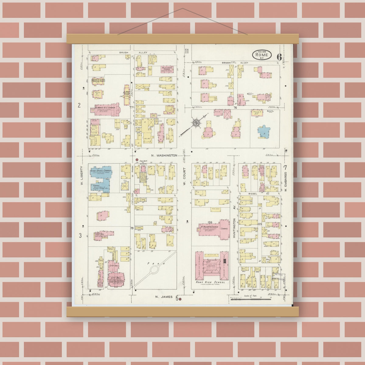 Old map wall art mockup — magnetic wood frame on brick wall — Sanborn Fire Insurance Map from Rome, Oneida County, New York (1914), Sheet #0006