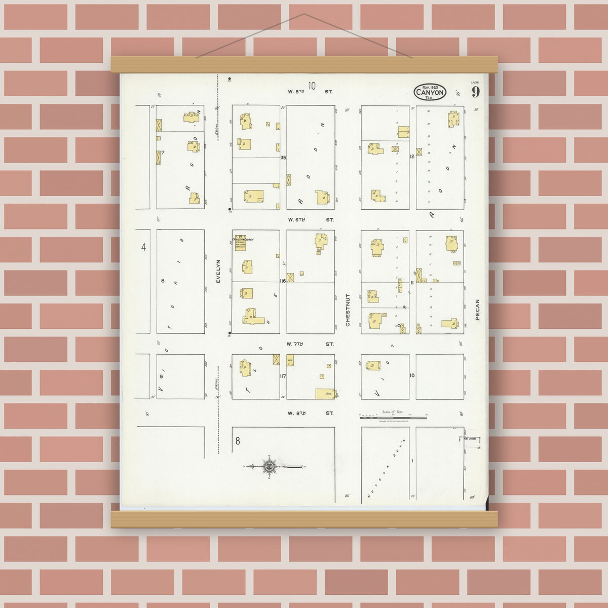 Old map wall art mockup — magnetic wood frame on brick wall — Sanborn Fire Insurance Map from Canyon, Randall County, Texas (1920), Sheet #0009