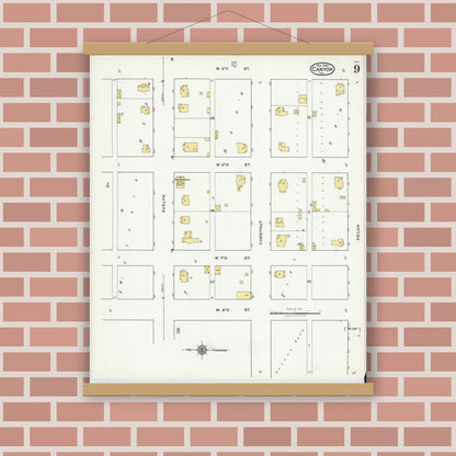 Old map wall art mockup — magnetic wood frame on brick wall — Sanborn Fire Insurance Map from Canyon, Randall County, Texas (1920), Sheet #0009