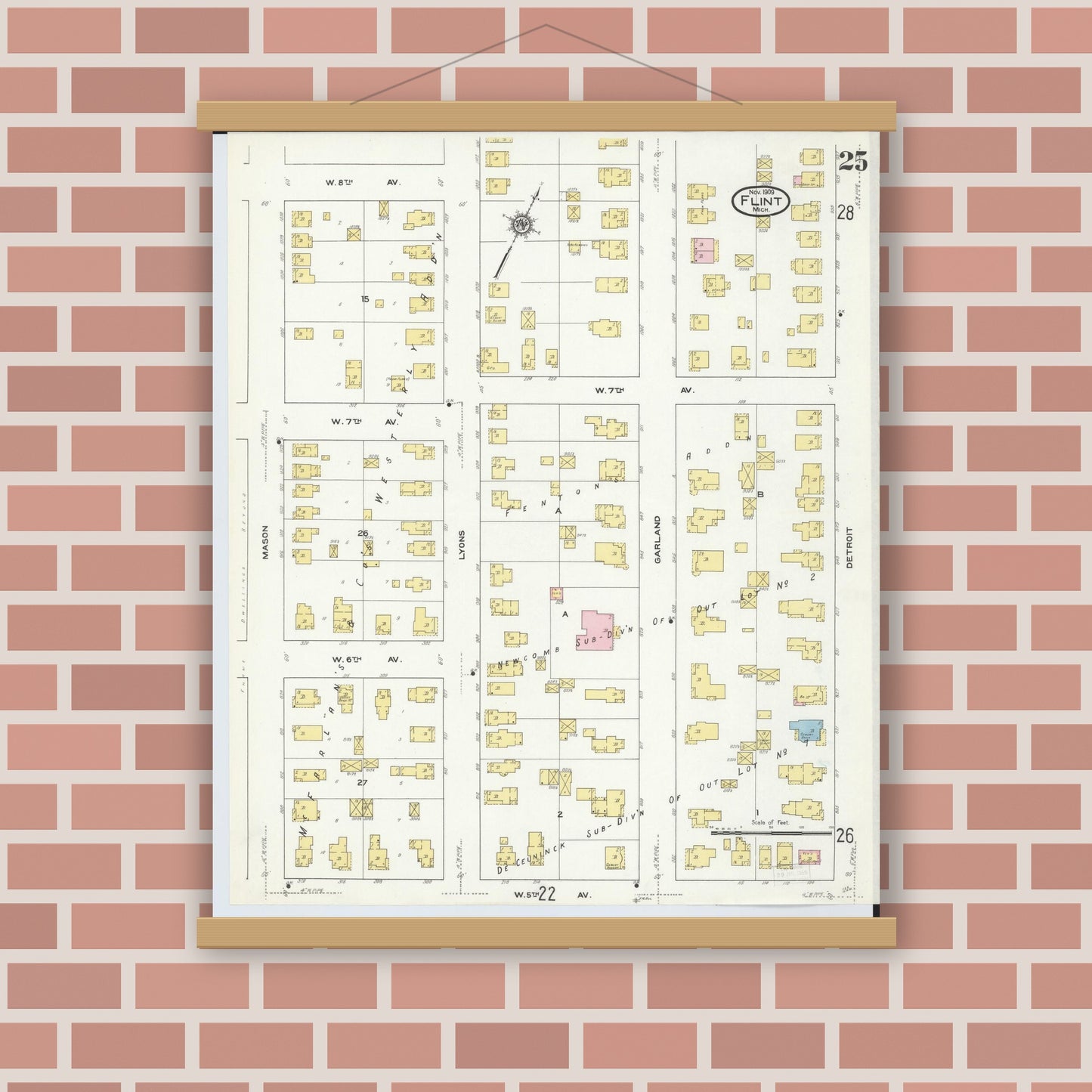 Old map wall art mockup — magnetic wood frame on brick wall — Sanborn Fire Insurance Map from Flint, Genesee County, Michigan (1909), Sheet #0025