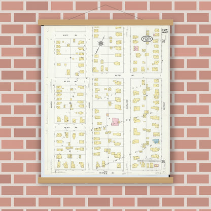 Old map wall art mockup — magnetic wood frame on brick wall — Sanborn Fire Insurance Map from Flint, Genesee County, Michigan (1909), Sheet #0025