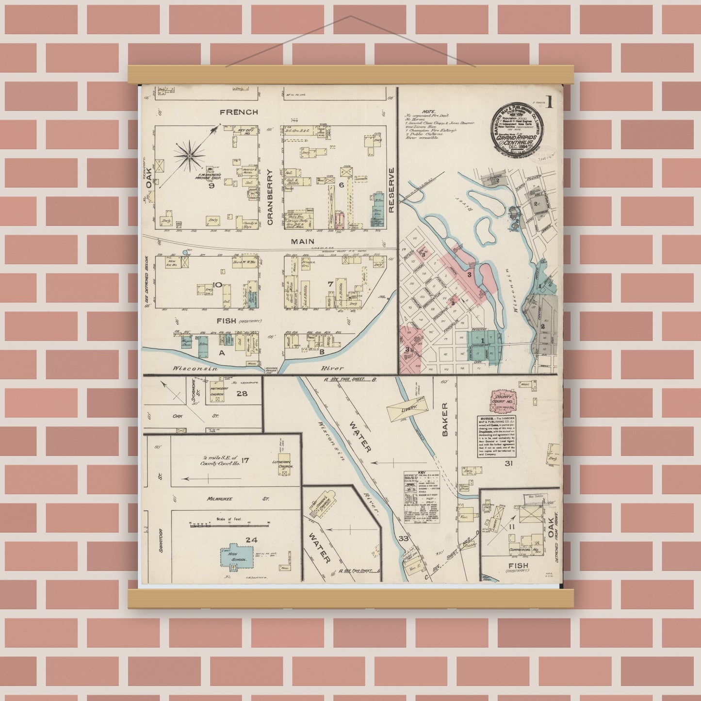 Old map wall art mockup — magnetic wood frame on brick wall — Sanborn Fire Insurance Map from Grand Rapids, Wood County, Wisconsin (1884) - Complete Map Set