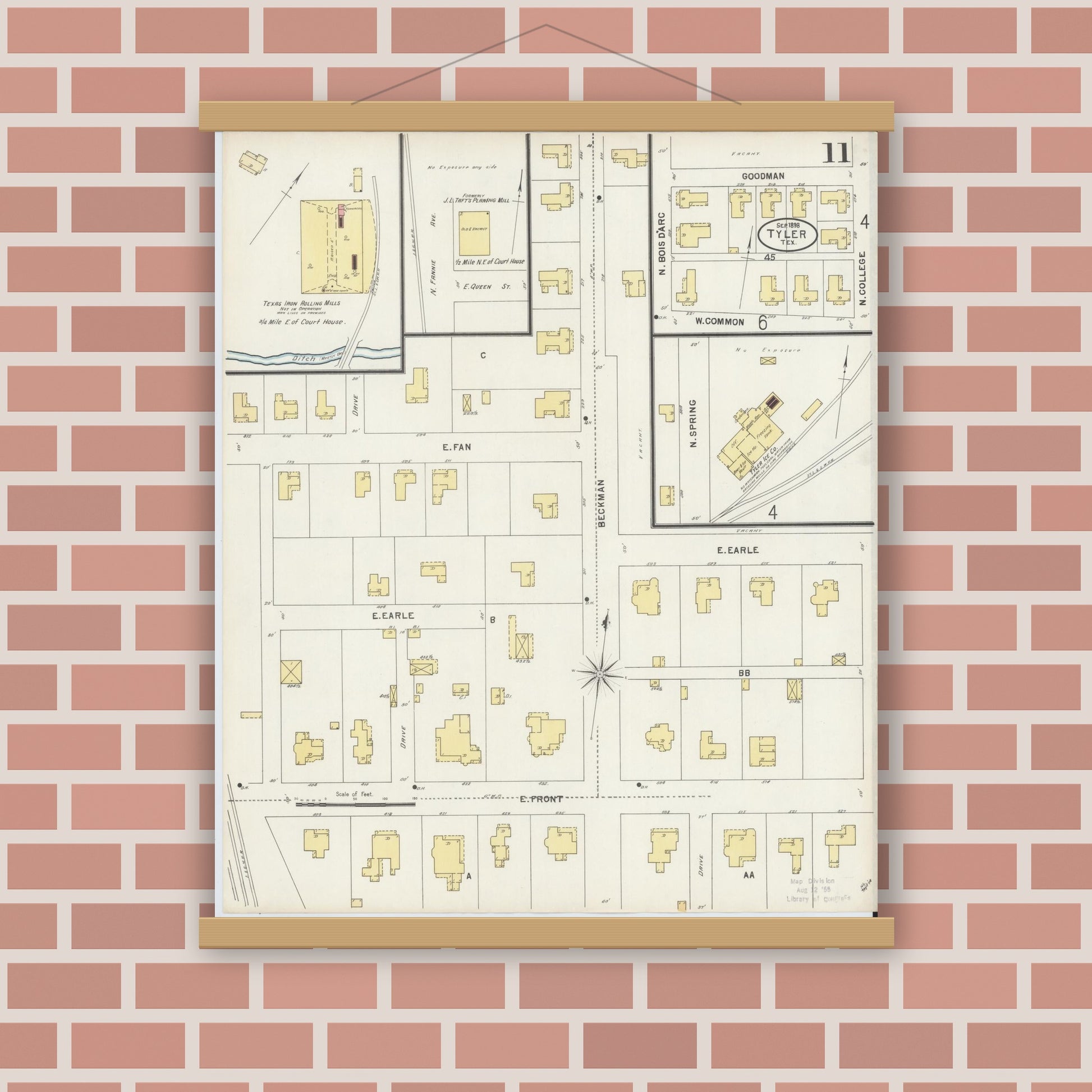 Old map wall art mockup — magnetic wood frame on brick wall — Sanborn Fire Insurance Map from Tyler, Smith County, Texas (1898), Sheet #0011