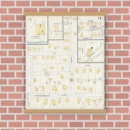 Old map wall art mockup — magnetic wood frame on brick wall — Sanborn Fire Insurance Map from Tyler, Smith County, Texas (1898), Sheet #0011