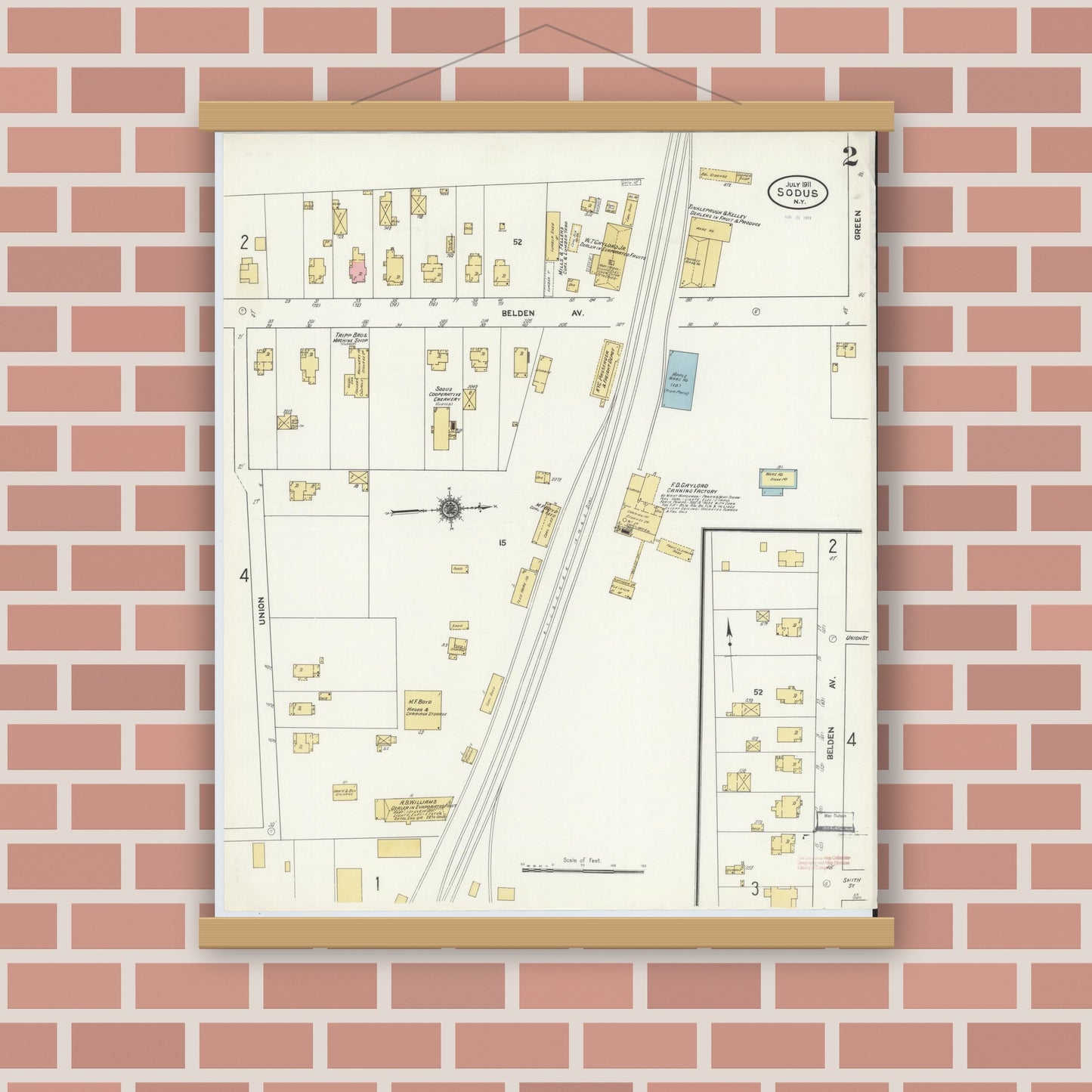 Old map wall art mockup — magnetic wood frame on brick wall — Sanborn Fire Insurance Map from Sodus, Wayne County, New York (1911), Sheet #0002