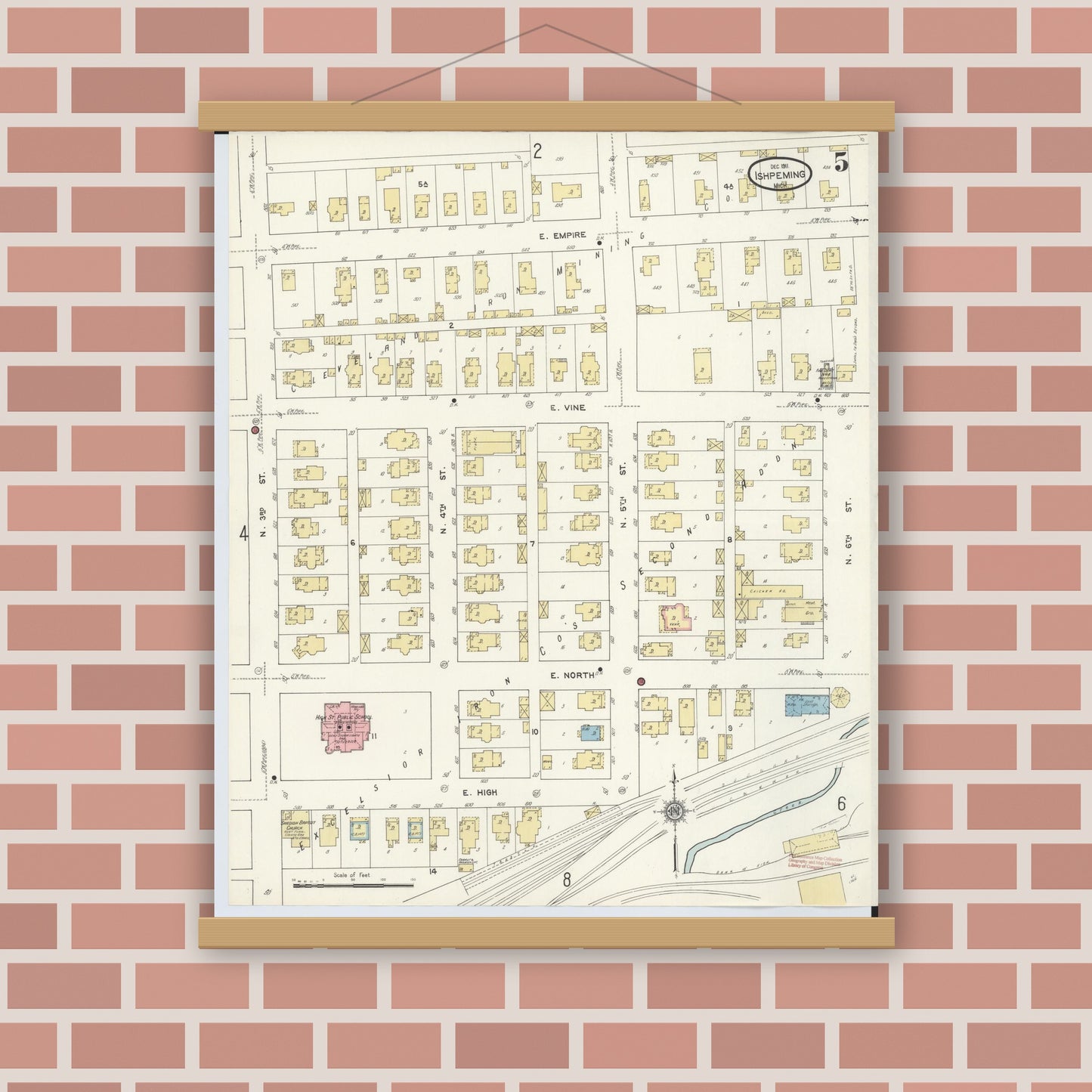 Old map wall art mockup — magnetic wood frame on brick wall — Sanborn Fire Insurance Map from Ishpeming, Marquette County, Michigan (1911), Sheet #0005