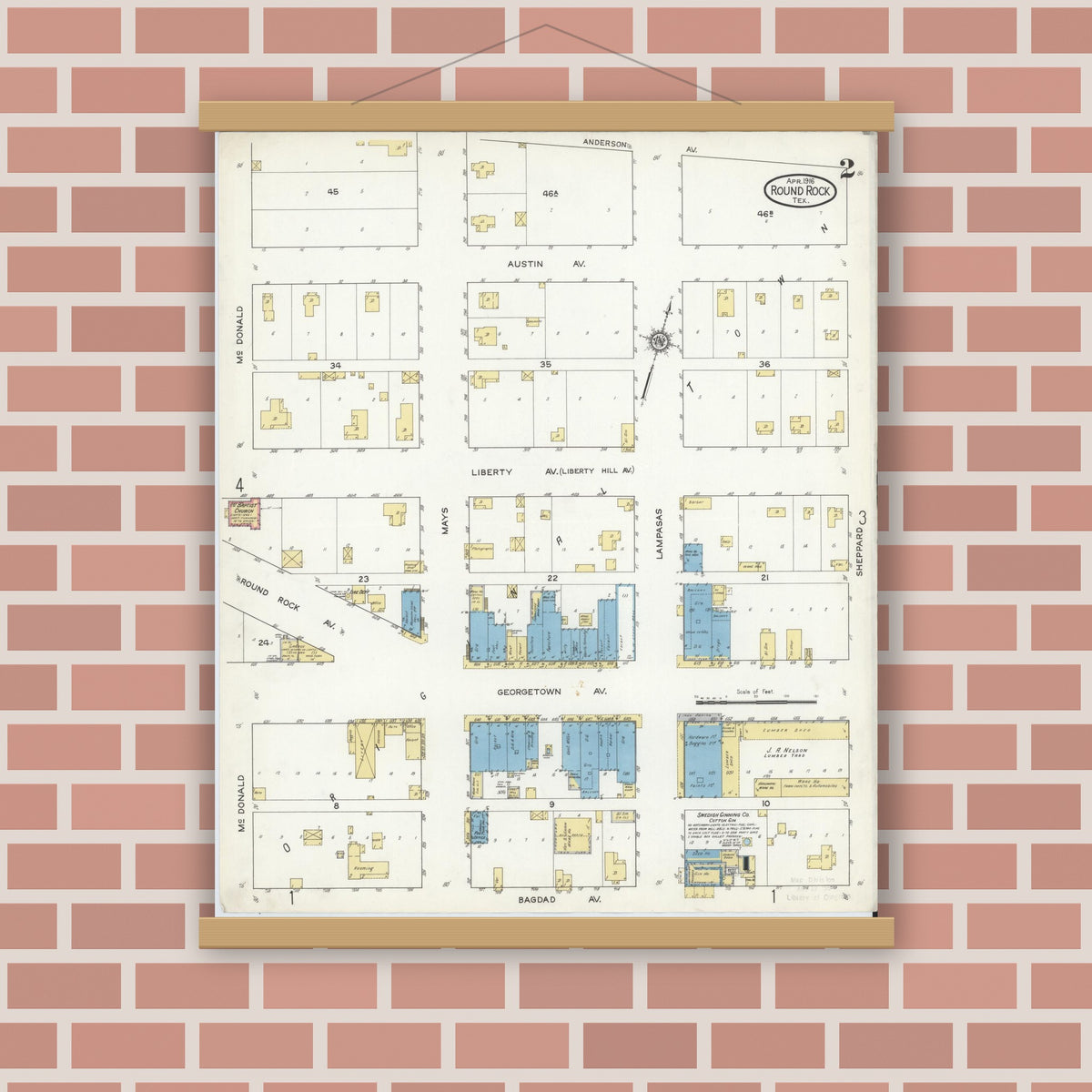 Old map wall art mockup — magnetic wood frame on brick wall — Sanborn Fire Insurance Map from Round Rock, Williamson County, Texas (1916), Sheet #0002