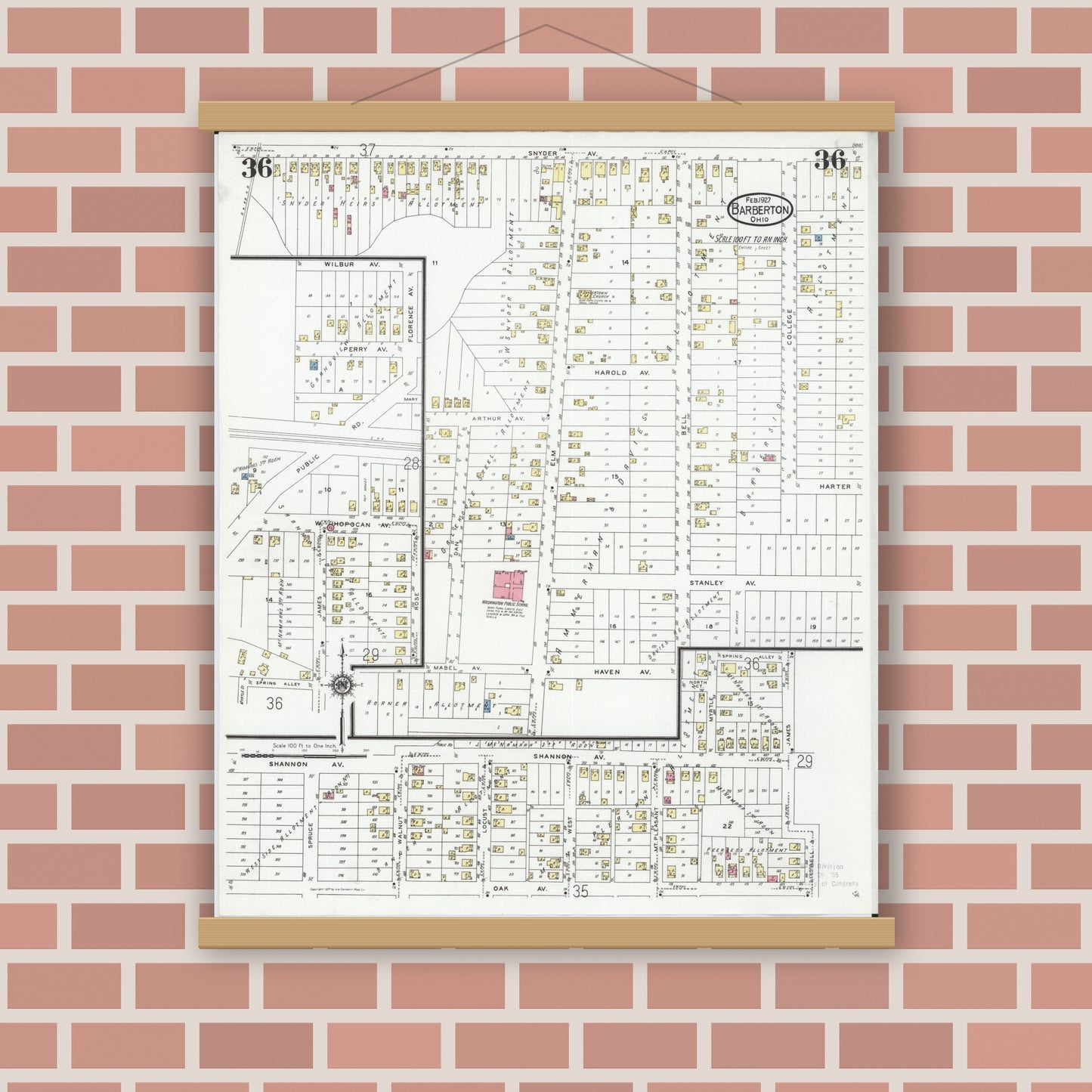 Old map wall art mockup — magnetic wood frame on brick wall — Sanborn Fire Insurance Map from Barberton, Summit County, Ohio (1927), Sheet #0036