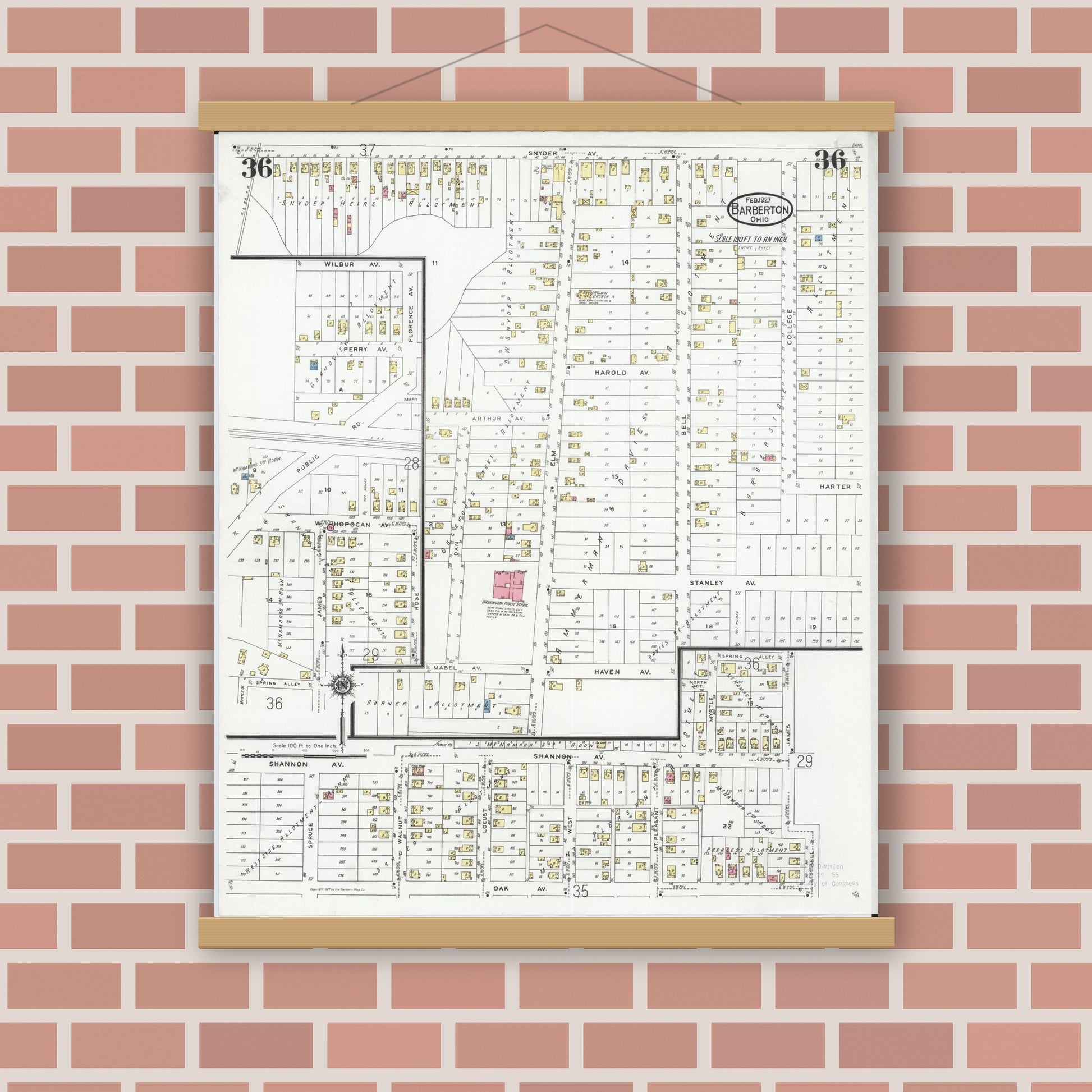 Old map wall art mockup — magnetic wood frame on brick wall — Sanborn Fire Insurance Map from Barberton, Summit County, Ohio (1927), Sheet #0036