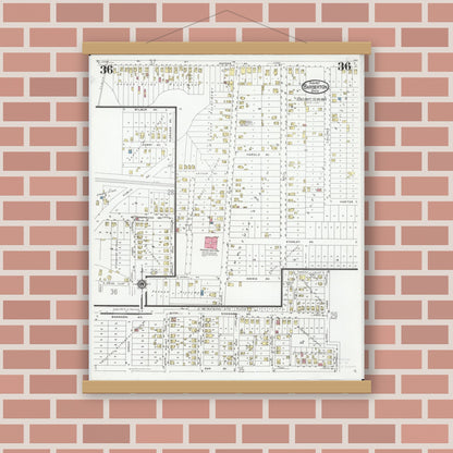 Old map wall art mockup — magnetic wood frame on brick wall — Sanborn Fire Insurance Map from Barberton, Summit County, Ohio (1927), Sheet #0036