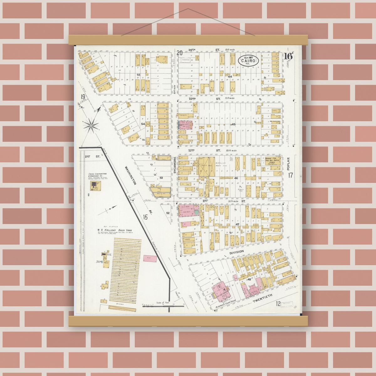 Old map wall art mockup — magnetic wood frame on brick wall — Sanborn Fire Insurance Map from Cairo, Alexander County, Illinois (1907), Sheet #0016