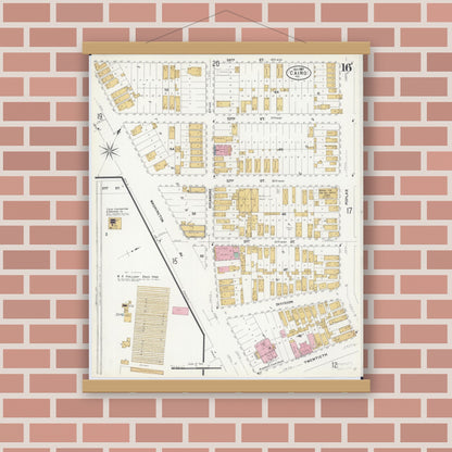 Old map wall art mockup — magnetic wood frame on brick wall — Sanborn Fire Insurance Map from Cairo, Alexander County, Illinois (1907), Sheet #0016