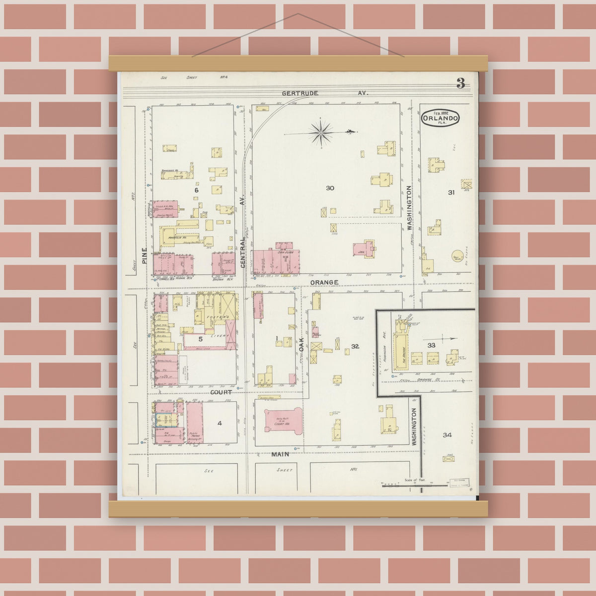 Old map wall art mockup — magnetic wood frame on brick wall — Sanborn Fire Insurance Map from Orlando, Orange County, Florida (1892), Sheet #0003